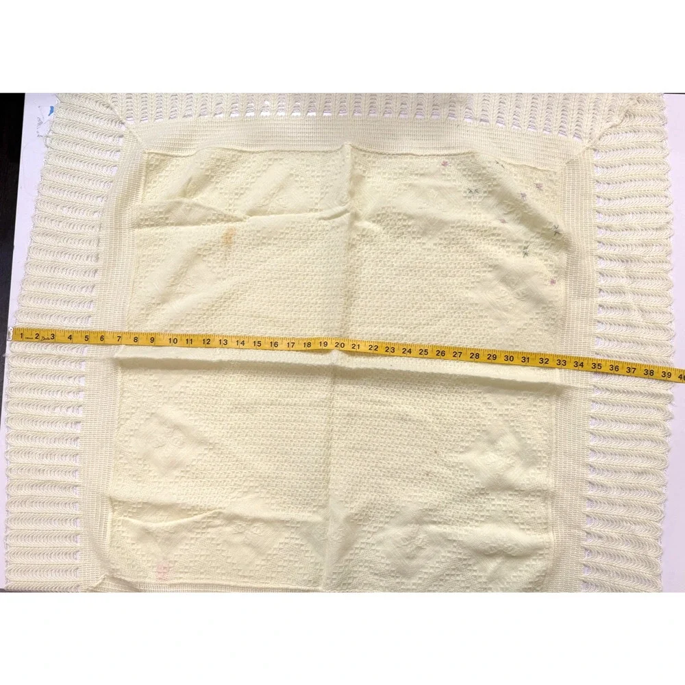 Vintage Cradle Knit Baby Blanket Japan Acrylic Yellow Embroidered Border 34x30‎